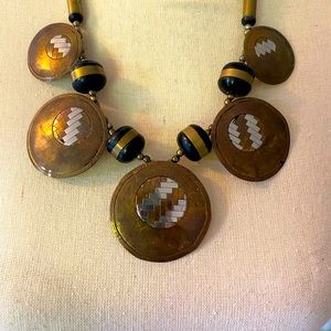 Vintage Brass & Copper Black Bead Tribal Necklace with matching earrings